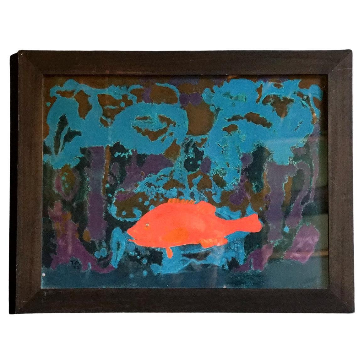 Vintage Expressionist Underwater Scene With Fish 1980s Original Acrylic Painting For Sale