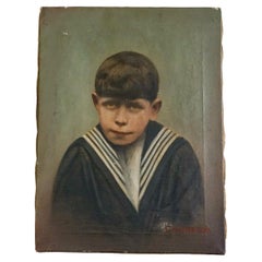Creepy French Sailor Boy, Oil on Photograph, 1930s Antique Original Oil Painting