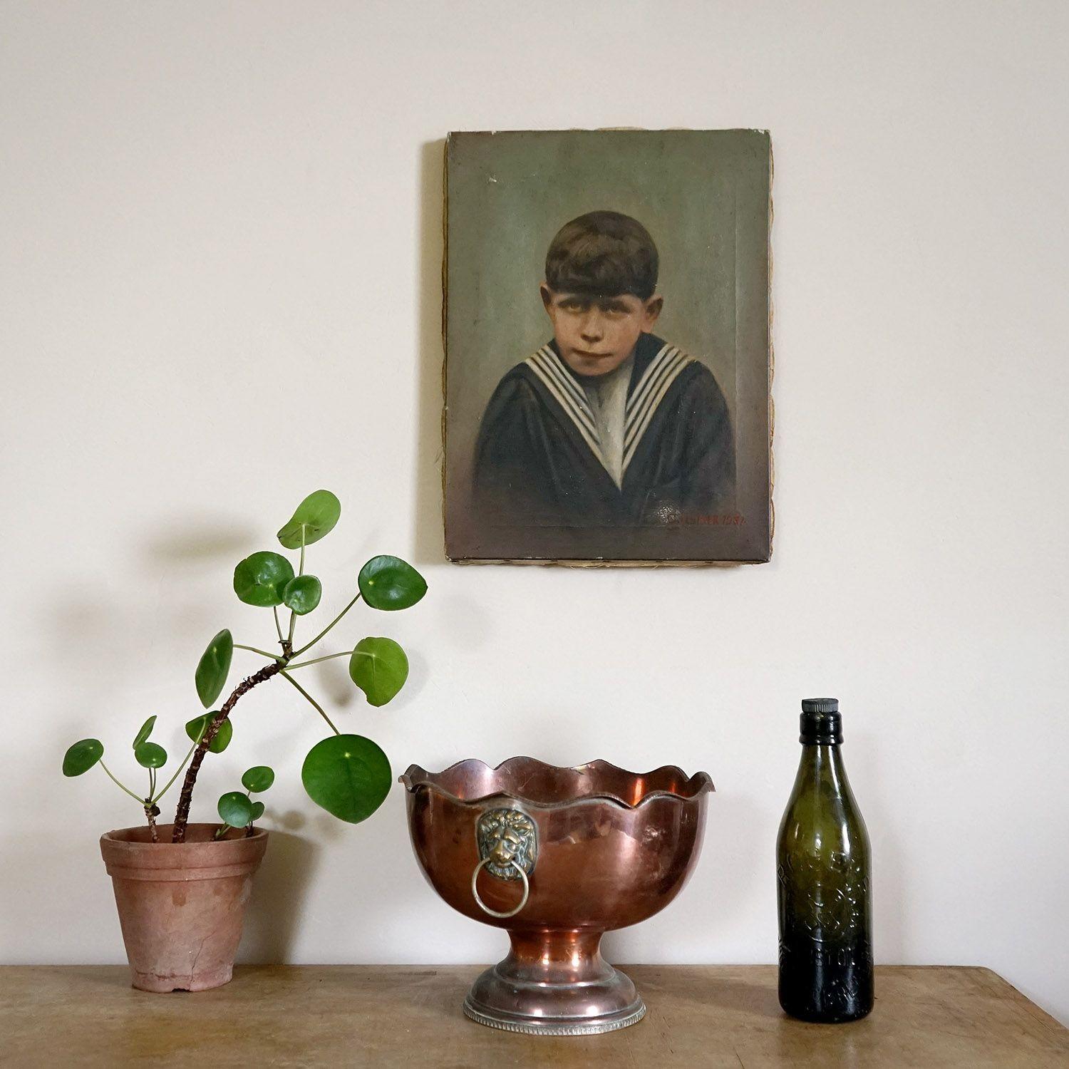 Creepy French Sailor Boy, Oil on Photograph, 1930s Antique Original Oil Painting In Good Condition In Bristol, GB