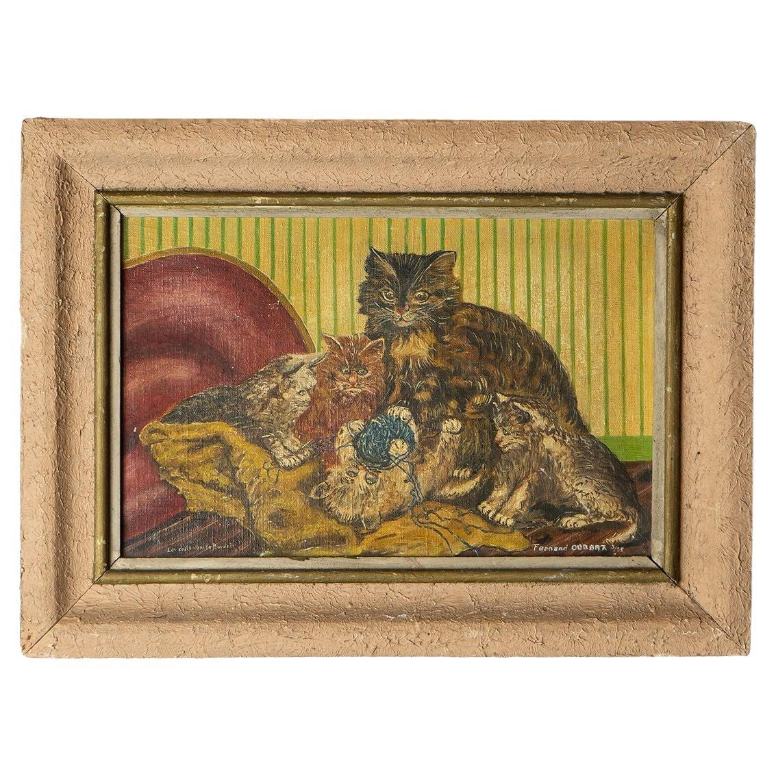 'Les Chats dans le Boudoir' French Folk Art Cat Painting, 1930s Antique Original
