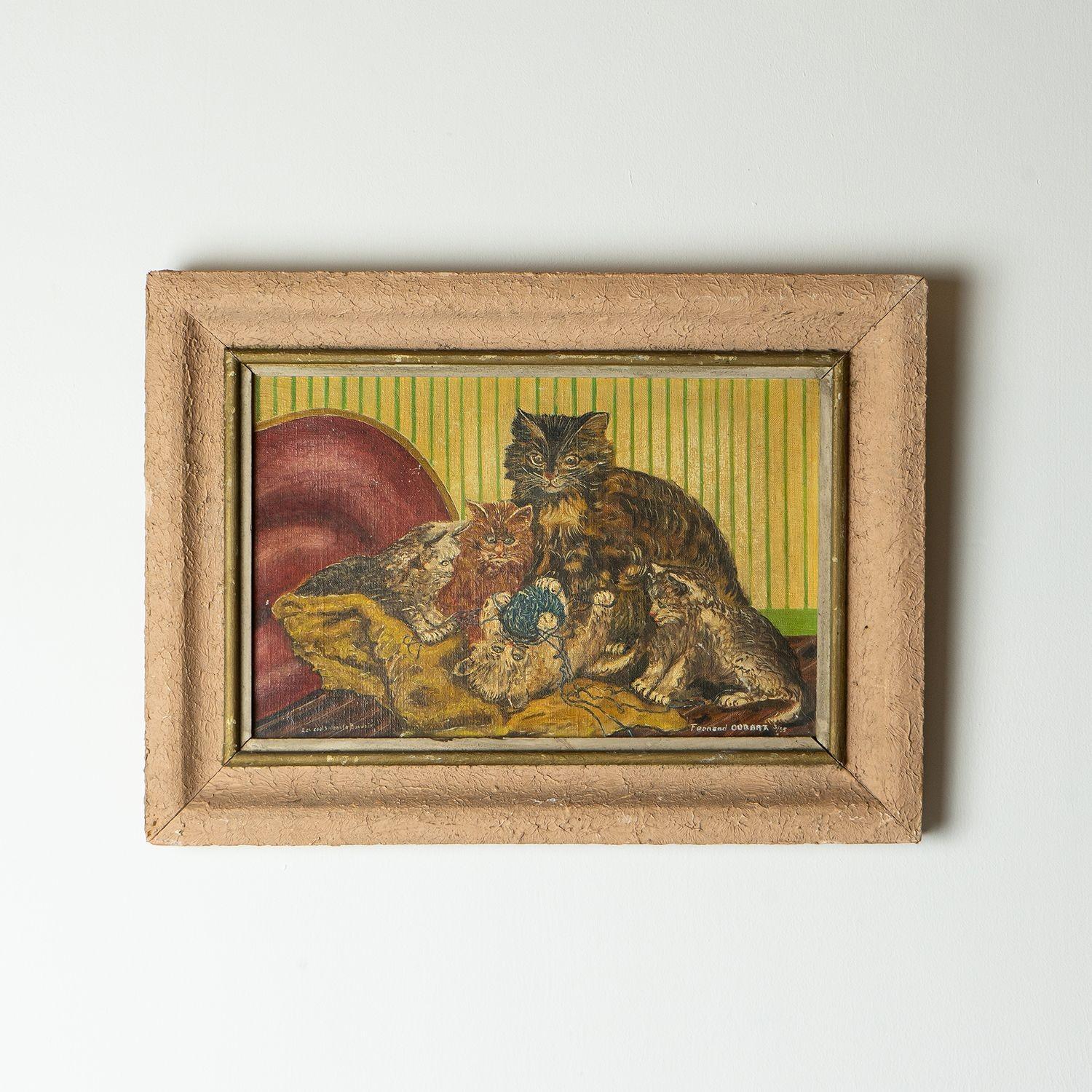Antique Original Oil on Canvas Painting Depicting Cats Playing by Fernand

A mother cat and four kittens playing with a ball of wool sat on a bed with a pink velvet headboard and striped wallpaper in the background.

Painted very much in a naive