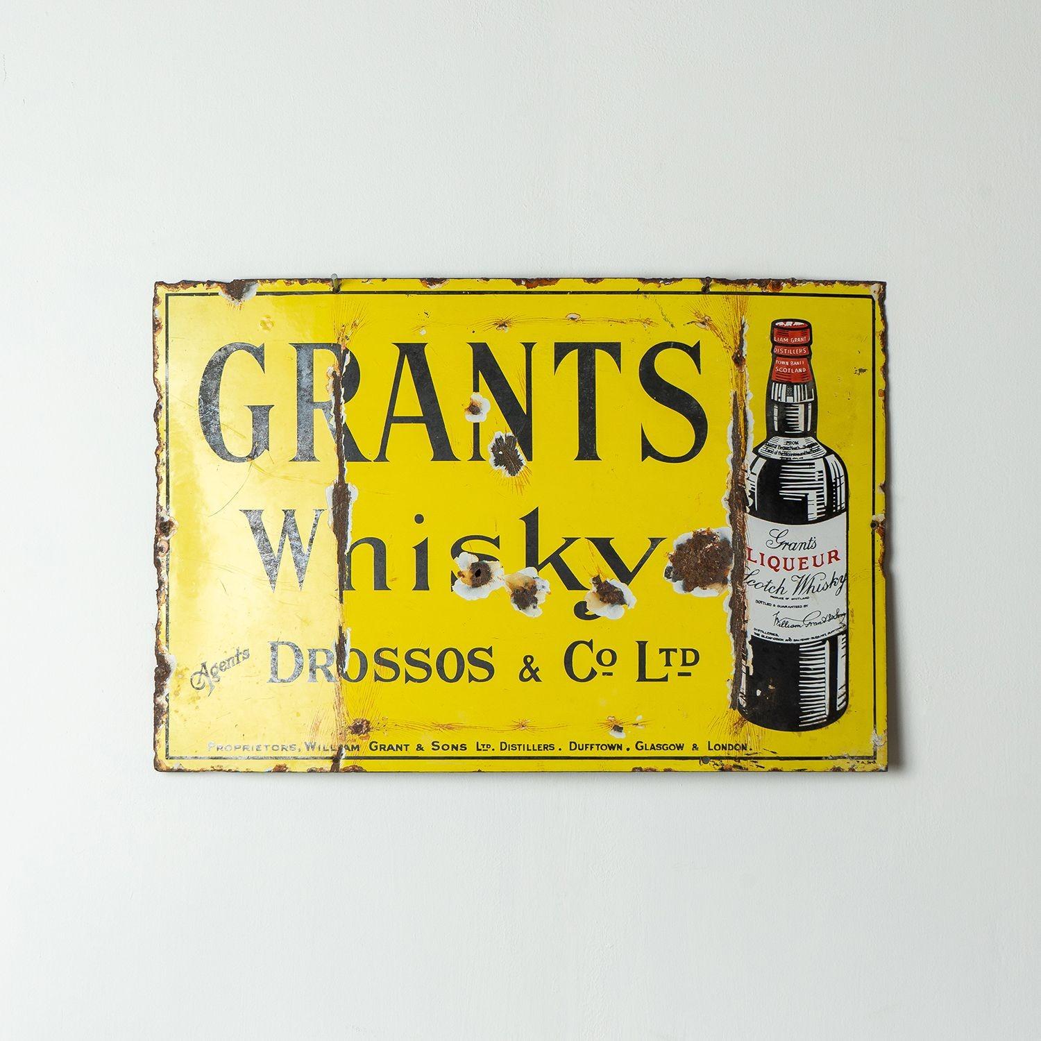 Scottish Vintage Grants Scotch Whisky Enamel Advertising Sign, Early 20th Century Whiskey For Sale