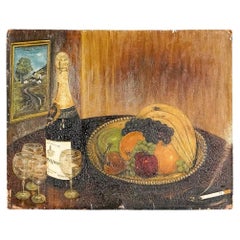 Mid-Century Naive Still Life Depicting Champagne and Cigarettes, Vintage Oil