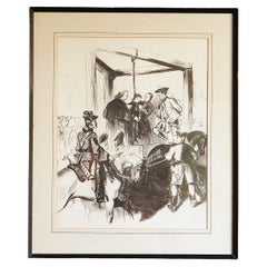 Disegno originale vintage incorniciato raffigurante una scena macabra e oscura di impiccagione