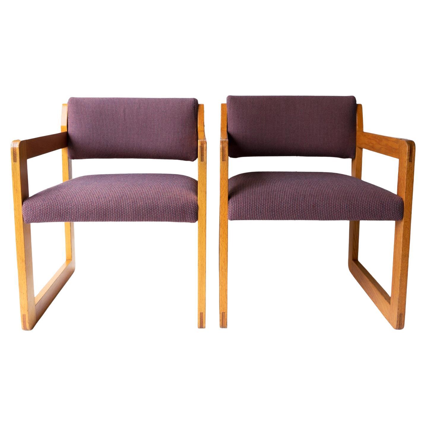 Hand-Crafted Pair of Vintage Sculptural Upholstered Oak Cube Armchairs, C. 1970’S For Sale