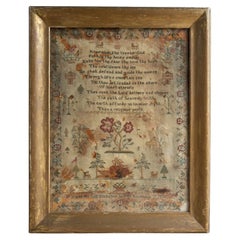 Antique Early Victorian Folk Art Needlework Sampler In Gilt Frame, 1830s