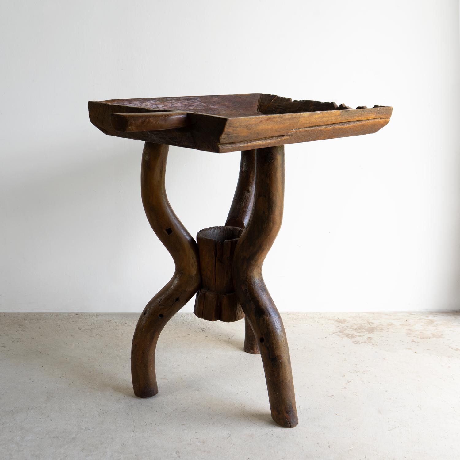 Wood Antique Rustic French Dough Trough Side Table, Primitive Organic Form For Sale