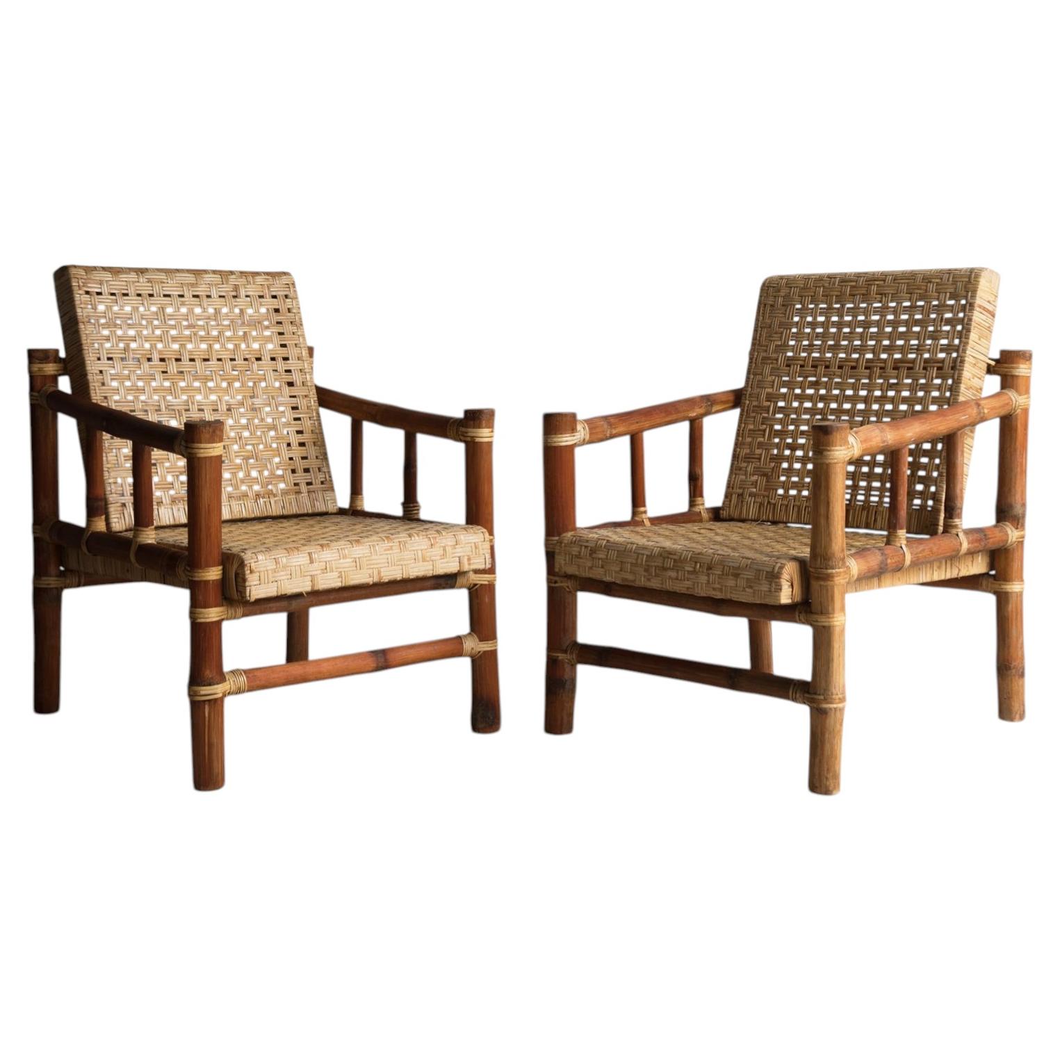 Par de sillones vintage de bambú y ratán, sillones de mediados de siglo, hacia los años 70