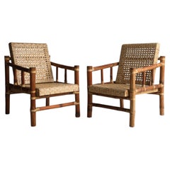 Pair of Vintage Bamboo and Rattan Easy Chairs, Mid Century Armchairs, c. 1970s
