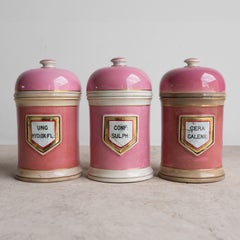 Set Of Three Large Antique Victorian Pink Ceramic Apothecary Jars, 19th Century