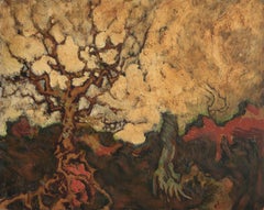 Paysage d'arbres spectaculaire, peinture à l'huile expressionniste vintage originale, années 1970