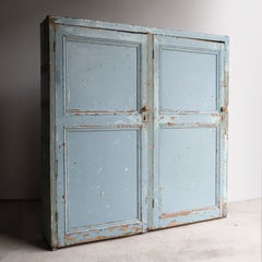 Large Antique Cornflower Blue Painted Pine Cupboard, 19th Century