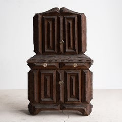 Antique Tramp Art Table Cabinet, Buffet Deux Corps, Late 19th Century