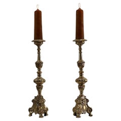 Pair of large antique decorated bronze church candle sticks, France ca. 1900