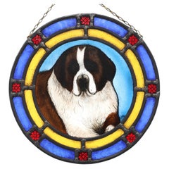 Medalla de vidriera Art Déco que representa a un perro San Bernardo, Bélgica, hacia 1900