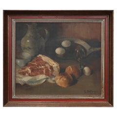 Nature morte réaliste flamande représentant du jambon, des œufs et du pain, signée et datée