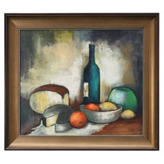 Impressionist Still Life with Bottle and Fruit by A. de Man, Belgium, circa 1960