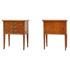 Pair of mid-century bedside tables with brass handles, France, 1950s