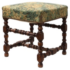 Louis XIII‑Style Walnut Stool with Floral Tapestry Seat, France, circa 1840