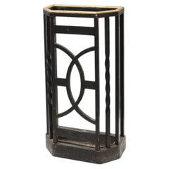 Art Deco metal umbrella stand with geometric openwork and brass rim, Belgium