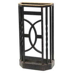 Art Deco metal umbrella stand with geometric openwork and brass rim, Belgium