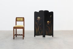 Art Nouveau Black Lacquered Two-Panel Screen with Hand-Painted Irises, France ca