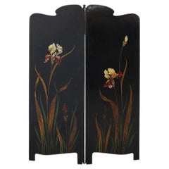 Art Nouveau Black Lacquered Two-Panel Screen with Hand-Painted Irises, France ca