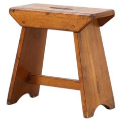 Rustic Pine Stool with Cut-Out Trestle Legs, Sweden, circa 1920