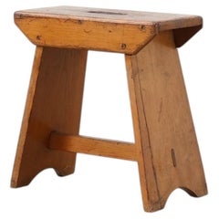 Rustic Pine Stool with Cut-Out Trestle Legs, Sweden, circa 1920
