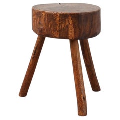 Rustic Oak Tripod Stool with Chunky Round Wooden Seat, France, circa 1920