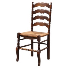 Rustic Oak Ladder-Back Chair with Rush Seat and Cabriole Front Legs, France, cir