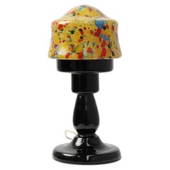 French Art Deco Table Lamp with Multicolored Spatter Glass Shade and Black Glass
