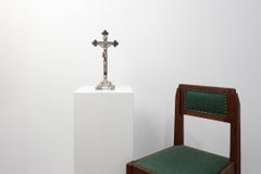 French Silver-Plated Standing Crucifix on Scrolled Tripod Base, circa 1900