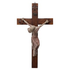 Belgian Wooden Crucifix with Painted Plaster Corpus and Metal INRI Plaque