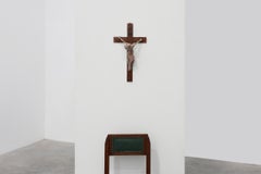 Belgian Wooden Crucifix with Painted Plaster Corpus and Metal INRI Plaque