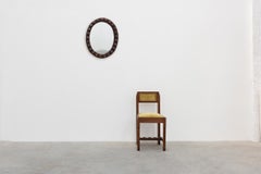 Spanish Brutalist Oval Mirror in Hand-Carved Wood with Brass Studs, 20th Century