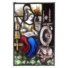 Neo-Gothic Painted Stained Glass Panel of a Woman at a Spinning Wheel, Belgium c