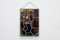 Neo-Gothic Painted Stained Glass Panel of a Woman at a Spinning Wheel, Belgium c