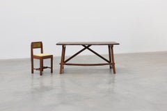 Spanish Rustic Trestle Table with Drawer and X-Stretchers, Spain, 19th Century