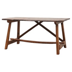 Spanish Rustic Trestle Table with Drawer and X-Stretchers, Spain, 19th Century