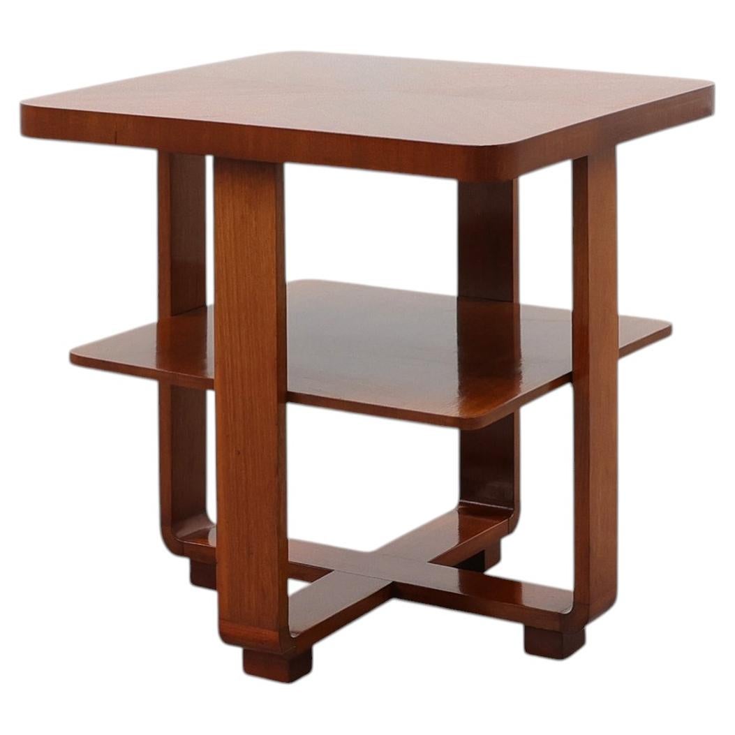 Art Deco Walnut Veneer Side Table with Shelf, Belgium, 1920s