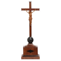 Table Crucifix with Carved Wooden Corpus on Ball and Plinth, Belgium, 1900s