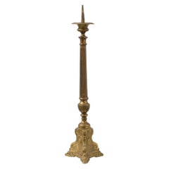 Antique Brass Pricket Candlestick with Christ Medallion, France, 1880