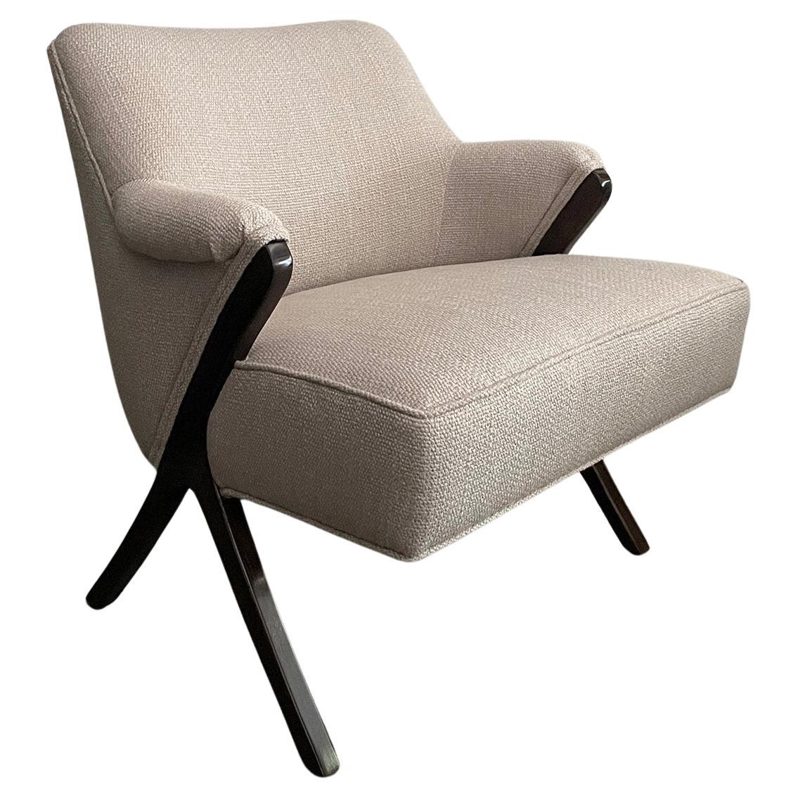 French Walnut & Linen Lounge Chair
