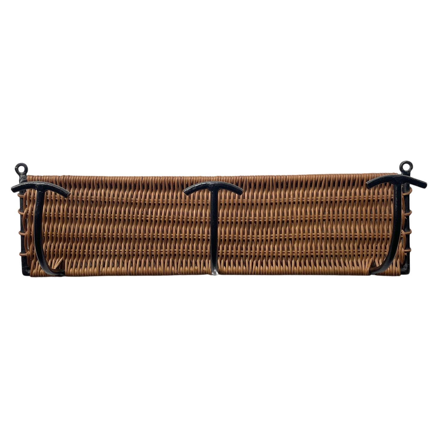 French Mid Century Wicker & Iron Wall Hooks Coat Rack