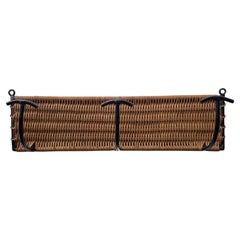 French Mid Century Wicker & Iron Wall Hooks Coat Rack