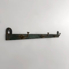 Vintage French Industrial Green Steel & Brass Coat Rack France