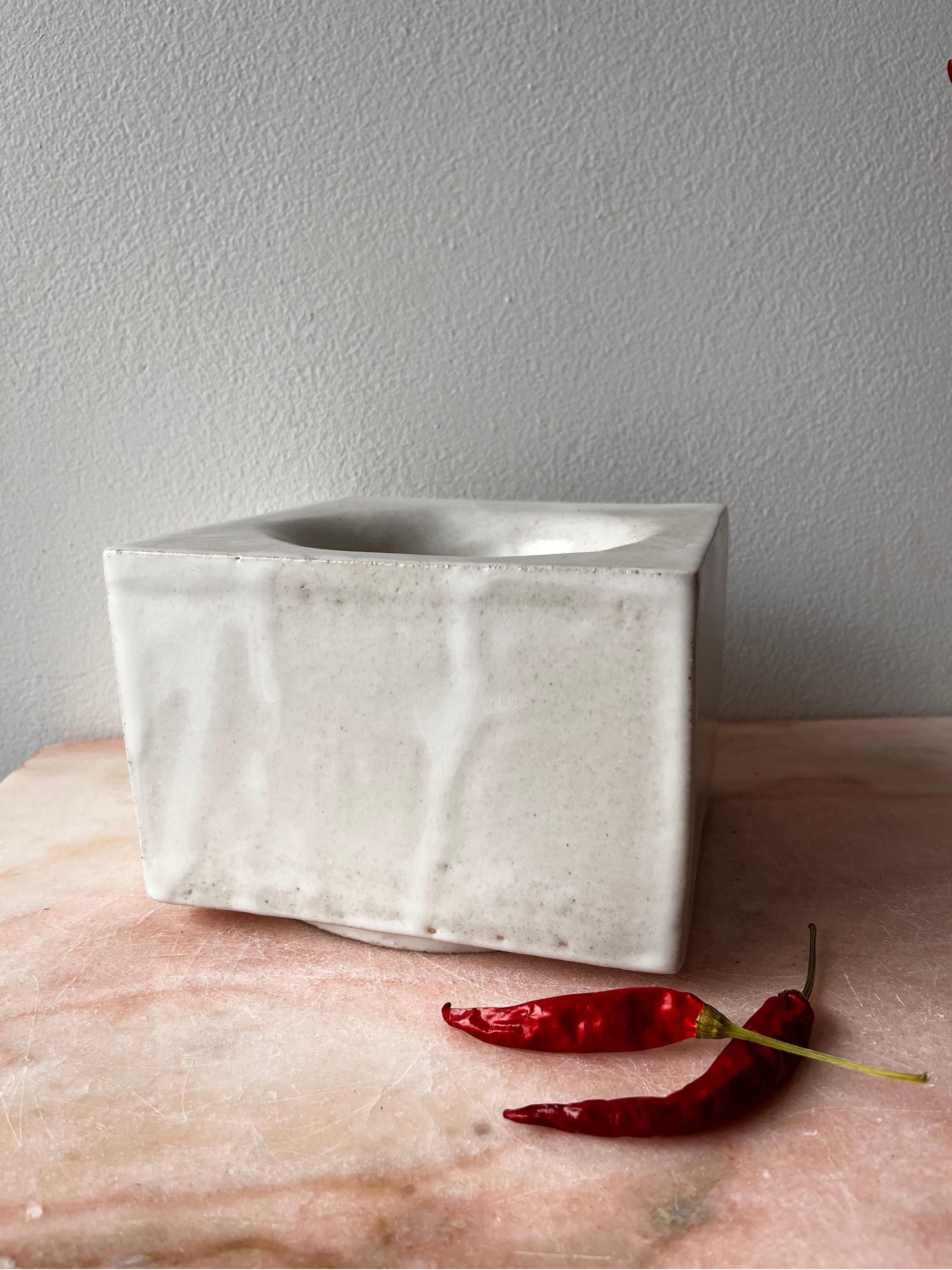 Hand-built Ceramic Box Bowl in Matte White For Sale 1