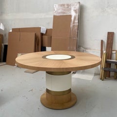 Lune Round Dining Table, in Gold Limed Oak, Bronzed Brass & Leather, by Duistt