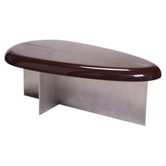 Mask Slim Oval Coffee Table, Dark Brown Lacquered Wood top, stainless steel feet